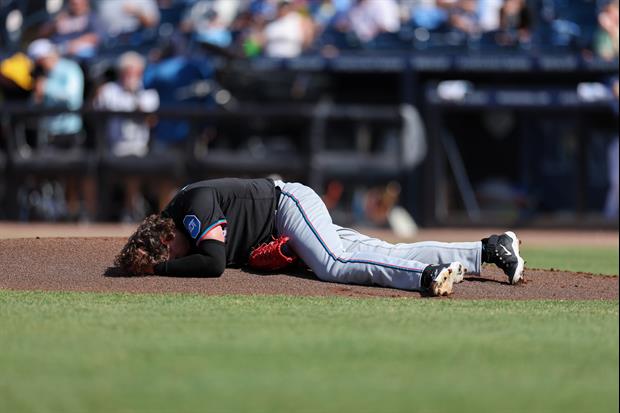 Marlins Pitcher Ryan Weathers Hit In Head During Warmups By His Catcher's Throw